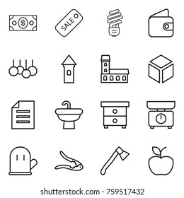 Thin line icon set : money, sale, bulb, wallet, tower, mansion, 3d, document, sink, nightstand, kitchen scales, cook glove, walnut crack, axe, apple