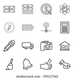 Thin line icon set : money, dollar arrow, atom, lightning, battery, laser, calculator, pencil, shipping, camera, home, broom, bell, hand drop, wiping