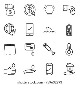 Thin line icon set : money gift, dollar arrow, hex molecule, hand coin, delivery, mobile checking, shark flipper, remote control, curtain, mixer, blender, thermometer, drop, and, cleanser powder