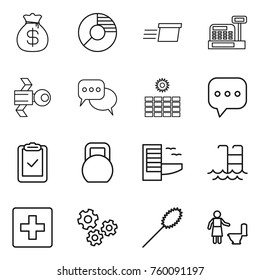 Thin line icon set : money bag, circle diagram, delivery, cashbox, satellite, discussion, sun power, sms, clipboard check, heavy, hotel, pool, first aid, gears, duster, toilet cleaning