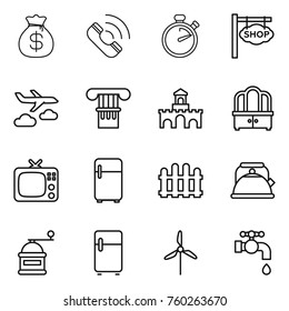 Thin line icon set : money bag, call, stopwatch, shop signboard, journey, column, fort, dresser, tv, fridge, fence, kettle, hand mill, windmill, water tap