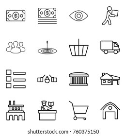 Thin line icon set : money, eye, courier, group, target, basket, delivery, list, drawbridge, airport building, house with garage, factory, inspector, cart, barn