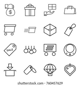 Thin line icon set : money gift, shopping bag, delivery, box, label, sale, necklace, package, parachute, heart pendant