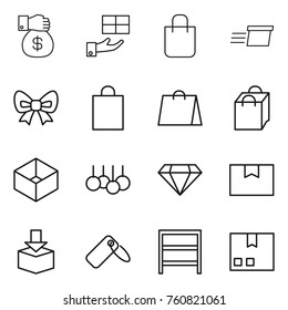 Thin line icon set : money gift, shopping bag, delivery, bow, box, sale, diamond, package, label, rack