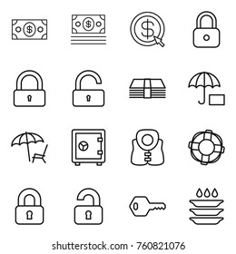 Thin line icon set : money, dollar arrow, lock, unlock, insurance, lounger, safe, life vest, lifebuoy, locked, unlocked, key, plate washing