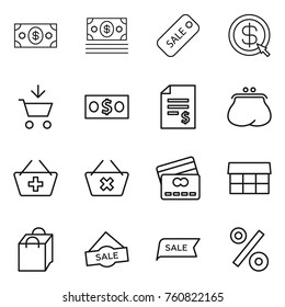 Thin line icon set : money, sale, dollar arrow, add to cart, account balance, purse, basket, delete, credit card, market, shopping bag, percent