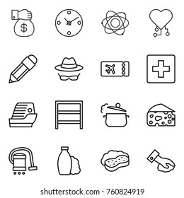 Thin line icon set : money gift, clock, atom, cardio chip, pencil, confidential, ticket, first aid, cruise ship, rack, steam pan, cheese, vacuum cleaner, shampoo, sponge with foam, wiping