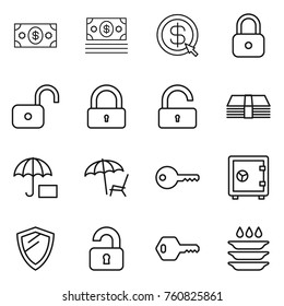 Thin line icon set : money, dollar arrow, lock, unlock, insurance, lounger, key, safe, shield, unlocked, plate washing