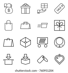 Thin line icon set : money gift, sale, shopping bag, delivery, box, necklace, package, label, heart pendant
