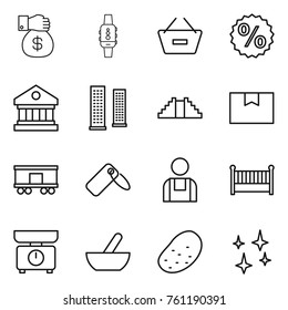 Thin line icon set : money gift, smart watch, remove from basket, percent, library, skyscrapers, pyramid, package box, railroad shipping, label, workman, crib, kitchen scales, mortar, potato