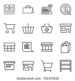 Thin line icon set : money, shopping bag, cashbox, dollar arrow, cart, basket, add to, shop, market, list, atm receipt, rack