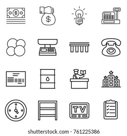 Thin line icon set : money, gift, bulb, cashbox, atom core, market scales, bridge, phone, invoice, barrel, inspector, hotel, watch, rack, tv, clipboard list