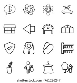 Thin line icon set : money message, atom, eco car, market, left arrow, barn, greenhouse, protected, life vest, beans, watering, seedling, trash, hanger, garden cleaning