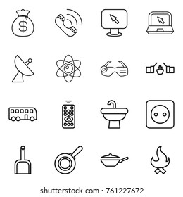 Thin line icon set : money bag, call, monitor arrow, notebook, satellite antenna, atom, smart glasses, drawbridge, bus, remote control, sink, power socket, scoop, pan, fire