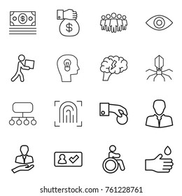 Thin line icon set : money, gift, team, eye, courier, bulb head, brain, virus, structure, fingerprint, hand coin, client, check in, invalid, drop