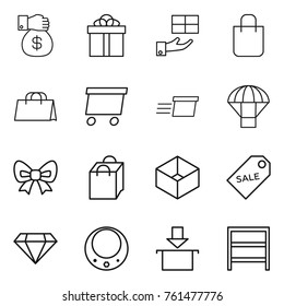 Thin line icon set : money gift, shopping bag, delivery, parachute, bow, box, sale label, diamond, necklace, package, rack