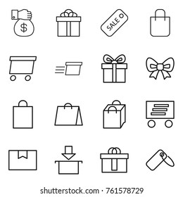 Thin line icon set : money gift, sale, shopping bag, delivery, bow, package box, hi quality, label