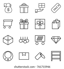 Thin line icon set : money gift, sale, delivery, shopping bag, box, diamond, necklace, package, label, rack