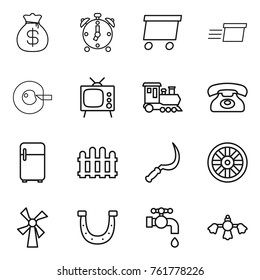 Thin line icon set : money bag, alarm clock, delivery, cell corection, tv, train, phone, fridge, fence, sickle, wheel, windmill, horseshoe, water tap, hard reach place cleaning