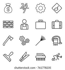 Thin line icon set : money bag, 24 7, gear, under construction, brick wall, workman, suitcase, axe, gears, rake, vacuum cleaner, scraper, clothespin, brush