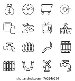 Thin line icon set : money bag, clock, delivery, cell corection, scales weight, journey, tv, fort, water tap, fence, sickle, barrel, horseshoe, windmill