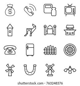 Thin line icon set : money bag, call, scales weight, tv, tower, greate wall, minaret, japanese house, phone, fridge, fence, wheel, windmill, horseshoe, hard reach place cleaning