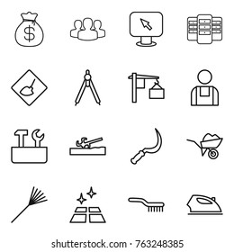 Thin line icon set : money bag, group, monitor arrow, server, under construction, drawing compasses, loading, workman, repair tools, soil cutter, sickle, wheelbarrow, rake, clean floor, brush, iron