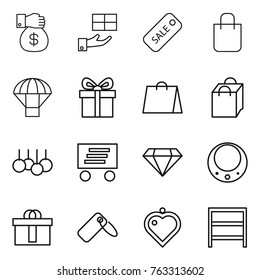 Thin line icon set : money gift, sale, shopping bag, parachute, delivery, diamond, necklace, hi quality package, label, heart pendant, rack