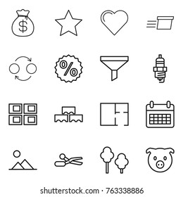 Thin line icon set : money bag, star, heart, delivery, quantum bond, percent, funnel, spark plug, panel house, block wall, plan, calendar, landscape, scissors, trees, pig