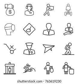 Thin line icon set : money gift, call center, courier, hoverboard, virtual mask, under construction, client, do not trolley sign, security man, deltaplane, tourist, detector, surfer, trash