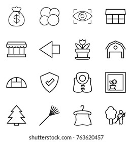 Thin line icon set : money bag, atom core, eye identity, market, left arrow, flower, barn, greenhouse, protected, life vest, in window, spruce, rake, hanger, garden cleaning