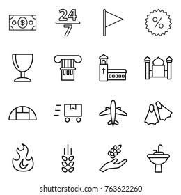 Thin line icon set : money, 24 7, flag, percent, wineglass, column, church, minaret, greenhouse, fast deliver, airplane, flippers, fire, spikelets, harvest, water tap sink