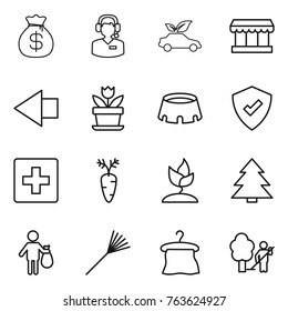 Thin line icon set : money bag, call center, eco car, market, left arrow, flower, stadium, protected, first aid, carrot, sprouting, spruce, trash, rake, hanger, garden cleaning