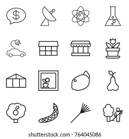 Thin line icon set : money message, satellite antenna, atom, flask, electric car, market, flower, greenhouse, in window, lemon, pear, garden, peas, rake, cleaning