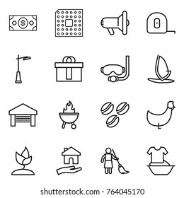 Thin line icon set : money, cpu, megafon, measuring tape, outdoor light, hi quality package, diving mask, windsurfing, garage, bbq, coffee seeds, chicken, sprouting, housing, brooming