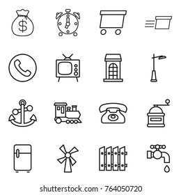 Thin line icon set : money bag, alarm clock, delivery, phone, tv, building, outdoor light, anchor, train, hand mill, fridge, windmill, fence, water tap