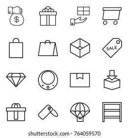 Thin line icon set : money gift, delivery, shopping bag, box, sale label, diamond, necklace, package, hi quality, parachute, rack