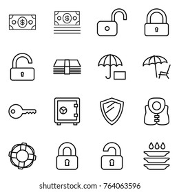 Thin line icon set : money, unlock, lock, insurance, lounger, key, safe, shield, life vest, lifebuoy, locked, unlocked, plate washing