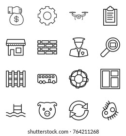 Thin line icon set : money gift, gear, drone, clipboard, shop, brick wall, security man, cargo search, pallet, bus, lifebuoy, window, pool, pig, reload, microb