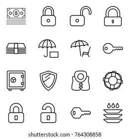 Thin line icon set : money, lock, unlock, insurance, lounger, key, safe, shield, life vest, lifebuoy, locked, unlocked, plate washing