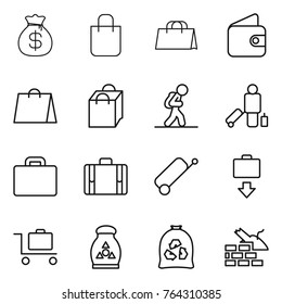 Thin line icon set : money bag, shopping, wallet, tourist, passenger, suitcase, baggage get, trolley, fertilizer, garbage, construct