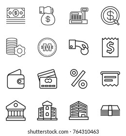 Thin line icon set : money, gift, cashbox, dollar arrow, virtual mining, crypto currency, hand coin, receipt, wallet, credit card, percent, atm, library, building, office