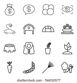 Thin line icon set : money bag, message, atom core, eye identity, electric car, barn, greenhouse, flower bed, stadium, life vest, seedling, sprouting, carrot, peas, rake, garden cleaning