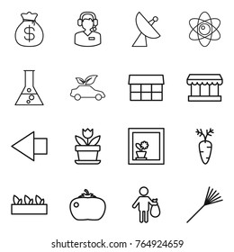 Thin line icon set : money bag, call center, satellite antenna, atom, flask, eco car, market, left arrow, flower, in window, carrot, seedling, tomato, trash, rake