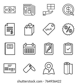 Thin line icon set : money, newspaper, gift, dollar arrow, account balance, shopping bag, sale label, percent, copybook, calendar, clipboard pen, check, invoice, map, paper towel