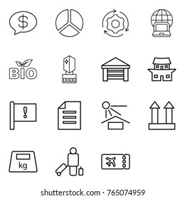 Thin line icon set : money message, diagram, around gear, notebook globe, bio, crystall memory, garage, japanese house, important flag, document, sun potection, cargo top sign, heavy, passenger