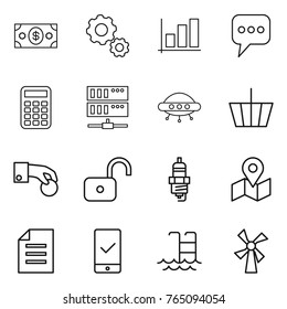 Thin line icon set : money, gear, graph, message, calculator, server, ufo, basket, hand coin, unlock, spark plug, map, document, mobile checking, pool, windmill