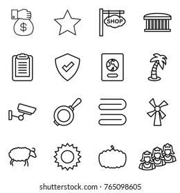 Thin line icon set : money gift, star, shop signboard, airport building, clipboard, protected, passport, palm, surveillance, pan, towel, windmill, sheep, sun, pumpkin, outsource