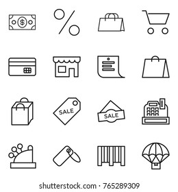 Thin line icon set : money, percent, shopping bag, cart, credit card, shop, list, sale label, cashbox, bar code, parachute delivery