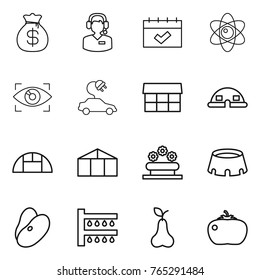 Thin line icon set : money bag, call center, calendar, atom, eye identity, electric car, market, dome house, greenhouse, flower bed, stadium, beans, watering, pear, tomato